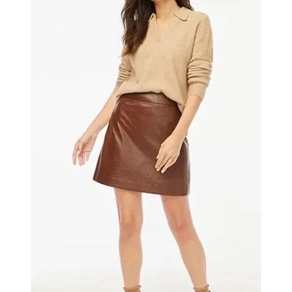 J. Crew Faux Leather Croc Embossed Mini Skirt Lined Brown Size 12
